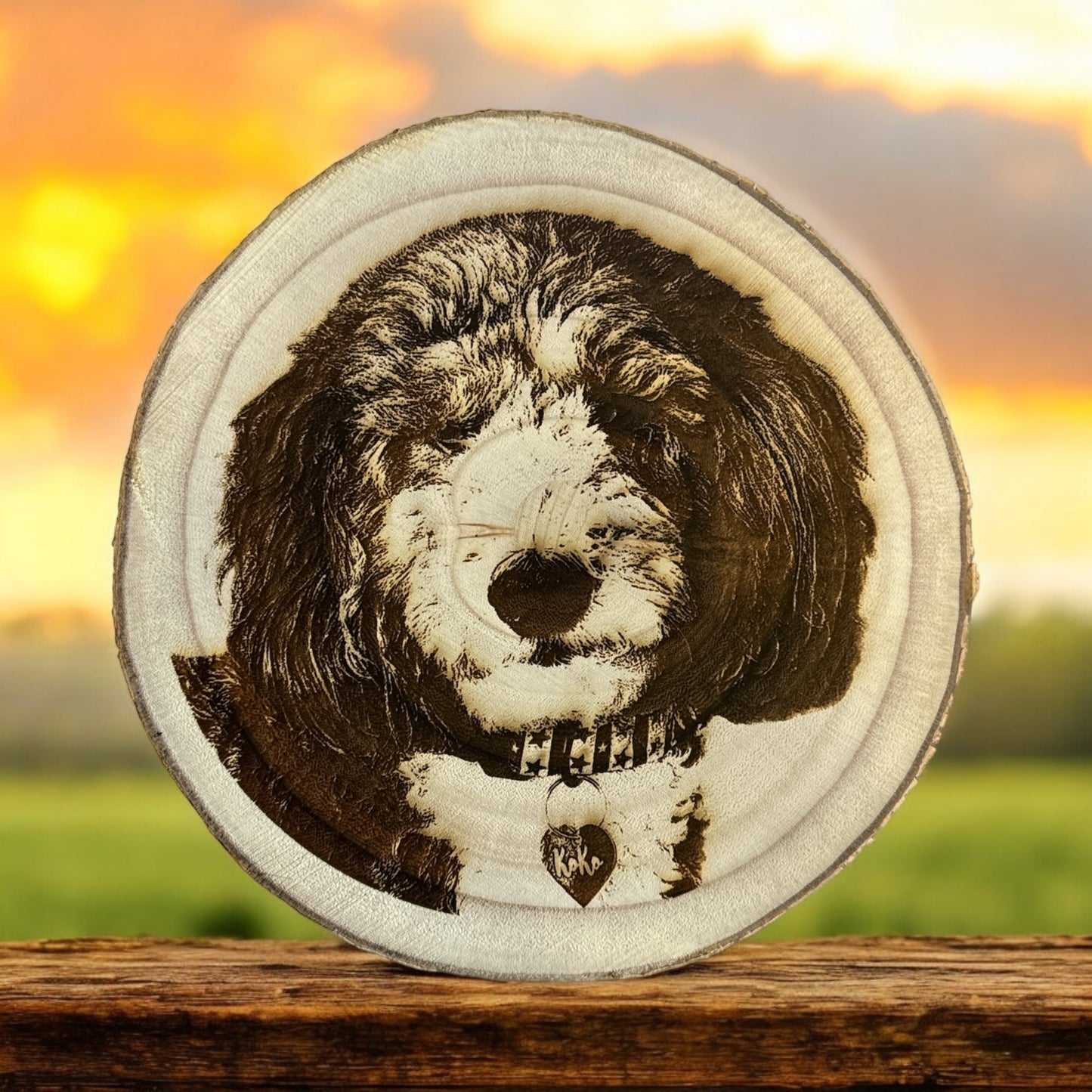 Capture the essence of your beloved pet with our custom-engraved 9" wood slice